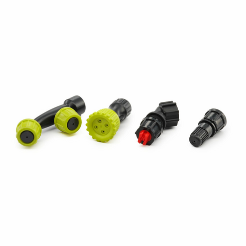 (1) Adjustable Nozzle, (1) Flat Fan Nozzle, (1) Shower Head Nozzle and (1) Dual Head Nozzle